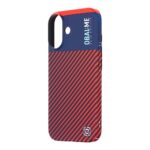Mėlynas-raudonas dėklas telefonui Apple iPhone 16 su dryžuotu raudonu ir mėlynu dizainu