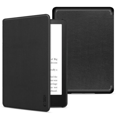 Juodas dėklas KINDLE PAPERWHITE VI su odos tekstūros paviršiumi matomas atidarytas ir uždarytas