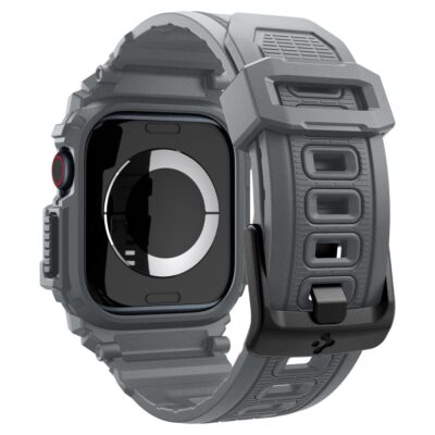 Tamsiai pilkas dėklas ir apyrankė Apple Watch 10 46mm Spigen Rugged Armor Pro su tvirtomis juostos skylutėmis