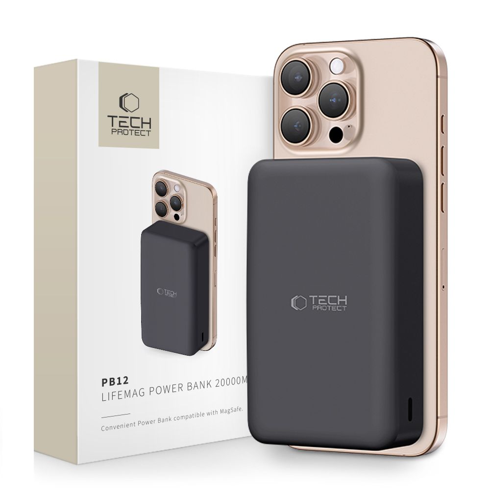 Juoda išorinė baterija TECH-PROTECT PB12 LIFEMAG Juoda išorinė baterija TECH-PROTECT PB12 LIFEMAG MAGSAFE POWER BANK 20000MAH prisegta prie auksinio telefono