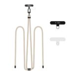 Taupe-juodas dirželis TECH-PROTECT C7S ROPE CROSSBODY STRAP su juodos ir baltos spalvos aksesuarais