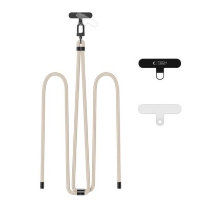 Taupe-juodas dirželis TECH-PROTECT C7S ROPE CROSSBODY STRAP su juodos ir baltos spalvos aksesuarais