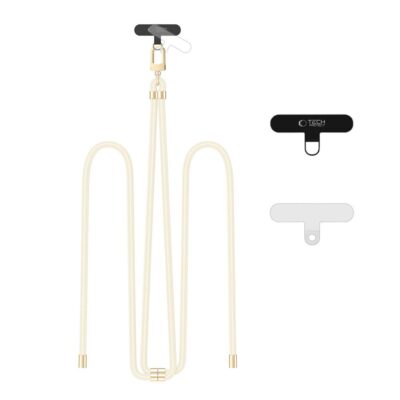 Beige-auksinis dirželis TECH-PROTECT C7S ROPE CROSSBODY STRAP su auksiniais metaliniais elementais ir baltu virvės stiliumi
