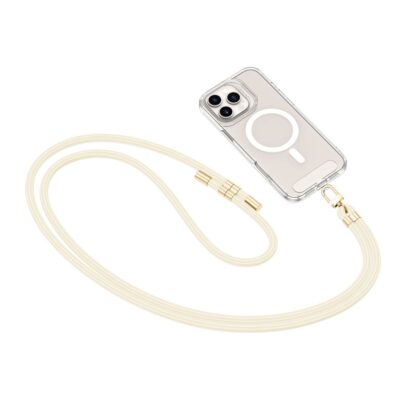 Beige-auksinis dirželis TECH-PROTECT C7S ROPE CROSSBODY STRAP su auksinio atspalvio detalėmis ir skaidriu telefono dėklu