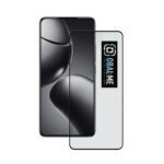 Juodas apsauginis ekrano stikliukas Xiaomi 14T ir 14T Pro telefonams su OBAL:ME logotipu
