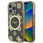 Rudas originalus dėklas Guess IML 4G Peony MagSafe telefonui Apple iPhone 16 Pro su logotipais