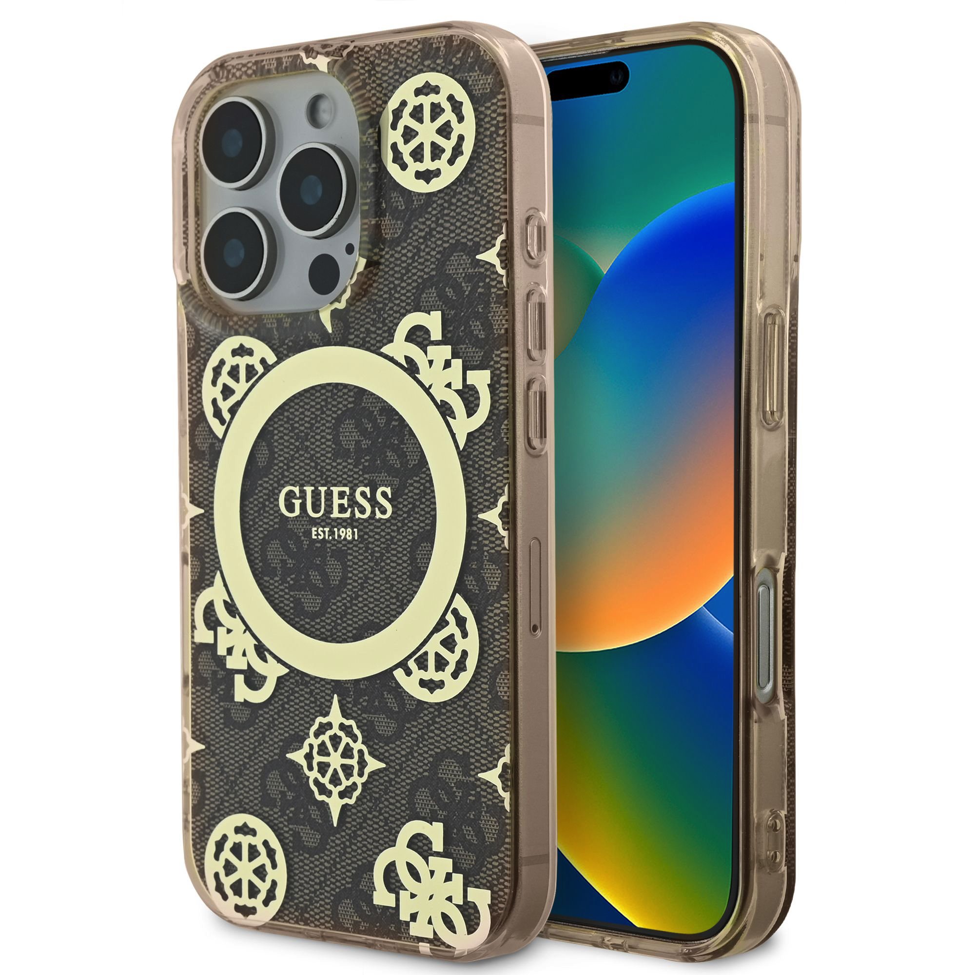 Rudas originalus dėklas Guess IML 4G Peony MagSafe telefonui Rudas originalus dėklas Guess IML 4G Peony MagSafe telefonui Apple iPhone 16 Pro su logotipais