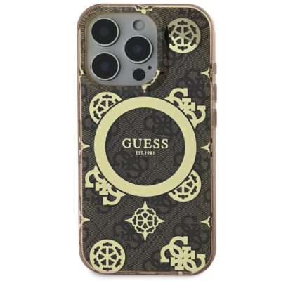Rudas originalus dėklas Guess IML 4G Peony MagSafe telefonui Apple iPhone 16 Pro su logotipu ir raštais