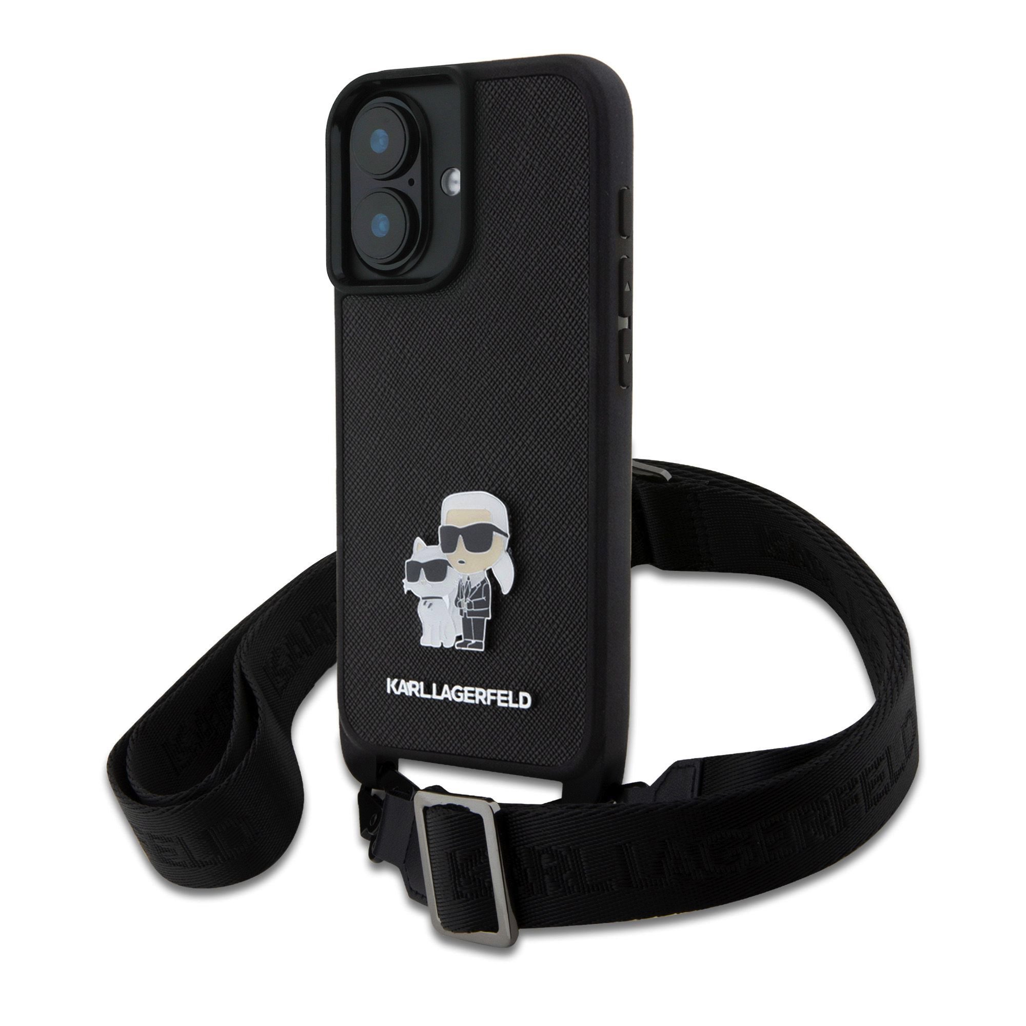 Juodas dėklas Karl Lagerfeld Saffiano Crossbody Metal iPhone 16 Plus Juodas dėklas Karl Lagerfeld Saffiano Crossbody Metal Karl and Choupette telefonui Apple iPhone 16 Plus su dirželiu