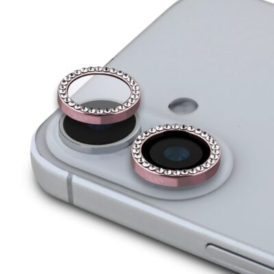 Rožinė kameros apsauga Guess Fixed Glliter Protective Lens telefonui Apple iPhone 16 su žėrinčiais kristalais aplink objektyvą