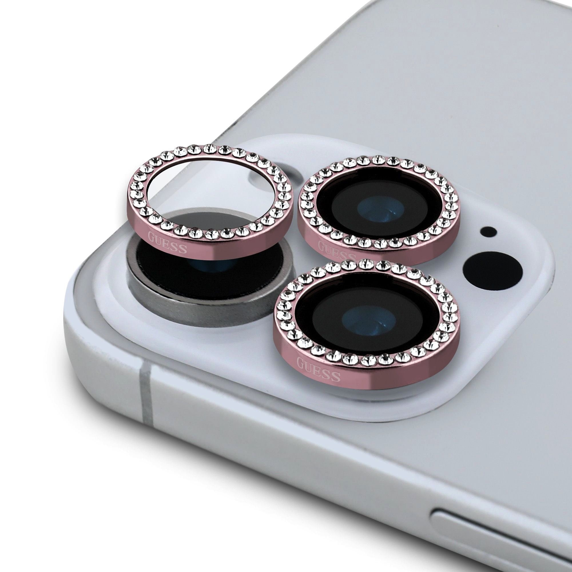 Rožinė kameros apsauga Guess Fixed Glliter Protective Lens Rožinė kameros apsauga Guess Fixed Glliter Protective Lens Apple iPhone 16 Pro ar 16 Pro Max telefonui su kristalų apvadu