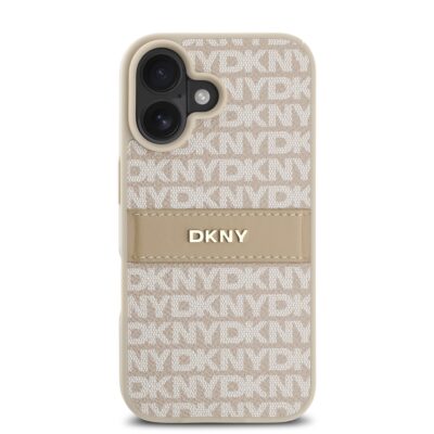 Rausvas dėklas telefonui Apple Iphone 16 su DKNY PU odos dryžių raštu