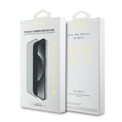 Juodas privatumo apsauginis ekrano stikliukas Apple iPhone 16 Pro Guess Screen Protector 2.5D PRIVACY pakuotėje