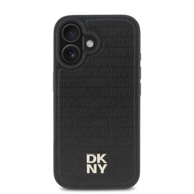 Juodas dėklas telefonui Apple Iphone 16 DKNY PU Leather su kartotiniu logotipo raštu
