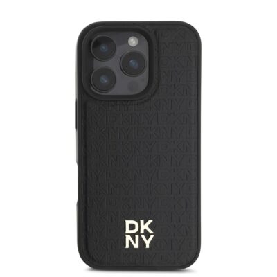 Juodas dėklas telefonui Apple Iphone 16 Pro Max DKNY PU Leather modelio paviršiumi ir logotipu