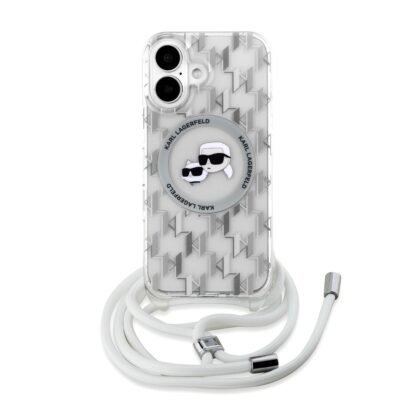 Skaidrus dėklas Karl Lagerfeld IML Monogram Crossbody su baltu virvelės dirželiu Apple iPhone 16