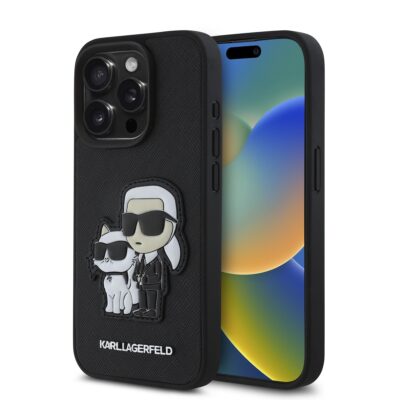 Juodas originalus dėklas Karl Lagerfeld PU Saffiano Karl and Choupette NFT telefonui Apple iPhone 15 Pro su piešiniais