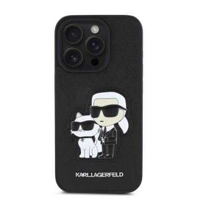 Juodas originalus dėklas Karl Lagerfeld PU Saffiano su Karl ir Choupette piešiniu Apple iPhone 15 Pro telefonui