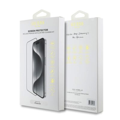 Apsauginis ekrano stikliukas Apple Iphone 16 Guess Screen Protector 2.5D baltame pakuotės dėkle su įdėklu