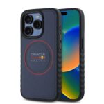 Tamsiai mėlynas dėklas Apple Iphone 15 Pro Red Bull PU Leather Red Ring MagSafe su raudonu žiedu