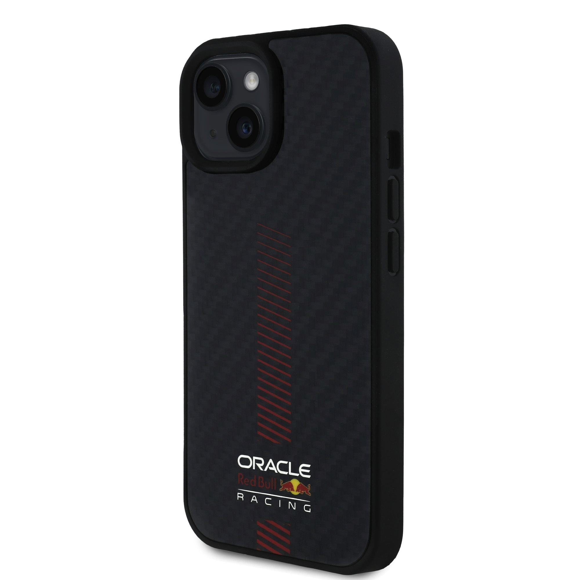 Juodas dėklas Apple Iphone 15 Red Bull Carbon Powerbar MagSafe Juodas dėklas Apple Iphone 15 Red Bull Carbon Powerbar MagSafe su raudona linija ir Oracle Red Bull Racing logotipu