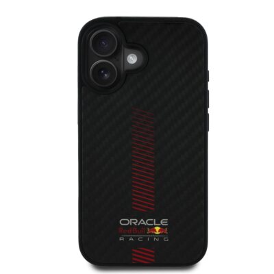 Juodas dėklas Apple Iphone 16 Red Bull Carbon Powerbar MagSafe su raudonomis detalėmis ir Oracle Red Bull Racing logotipu