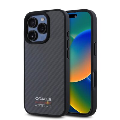 Juodas dėklas Apple Iphone 16 Pro Max su Red Bull Carbon Shiny Logo MagSafe tekstūra ir apsauga