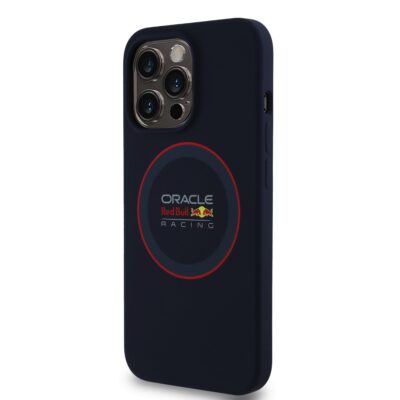Tamsiai mėlynas dėklas Apple Iphone 13 Pro Red Bull Silicone Red Ring MagSafe su logotipu ir raudona apskrita linija