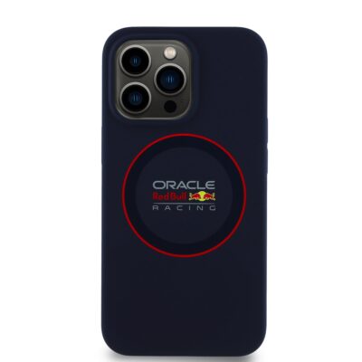 Tamsiai melynas deklas Apple Iphone 13 Pro su Oracle Red Bull Racing logotipu ir raudonu MagSafe ziedu