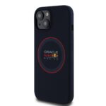Tamsiai mėlynas dėklas Apple Iphone 14 Red Bull silikoninis dėklas su raudonu žiedu MagSafe