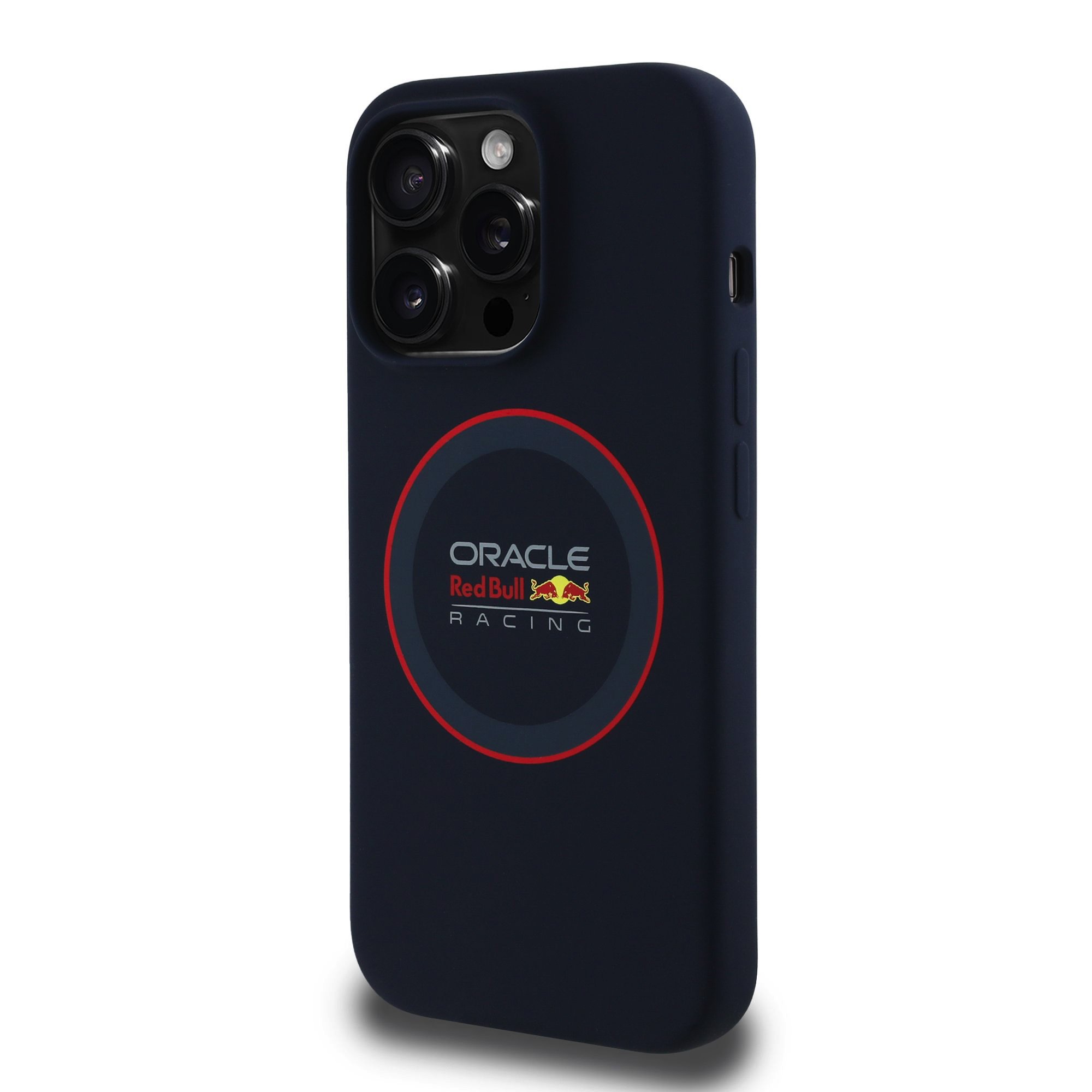 Tamsiai mėlynas dėklas Apple Iphone 14 Pro Red Bull Silicone Red Ring MagSafe Tamsiai mėlynas dėklas Apple Iphone 14 Pro Red Bull silikoninis su raudonu žiedu ir Oracle Red Bull Racing logotipu