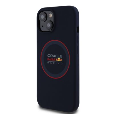 Tamsiai mėlynas dėklas Apple Iphone 15 Red Bull Silicone Red Ring MagSafe su Oracle Red Bull Racing logotipu