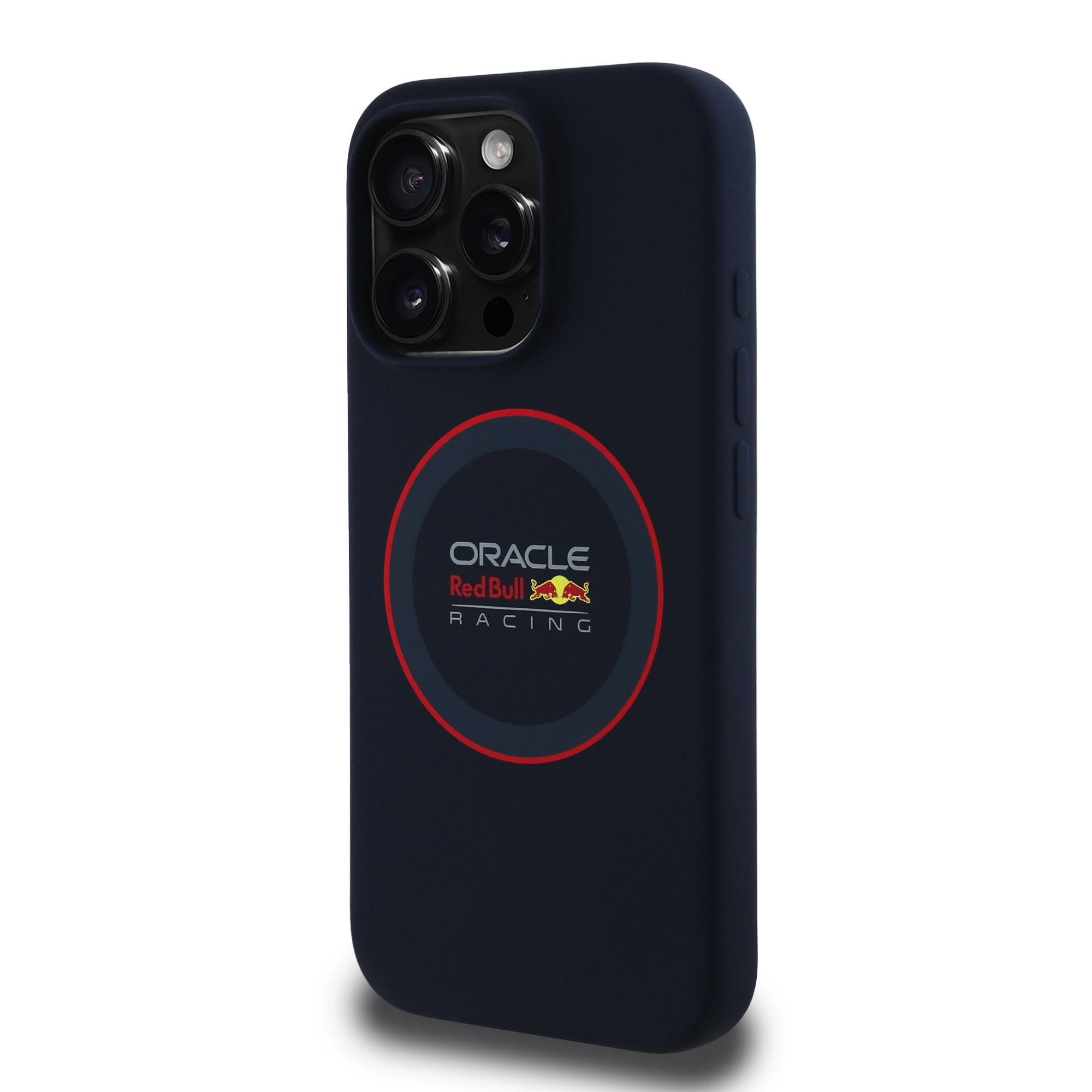 Tamsiai mėlynas dėklas Apple Iphone 15 Pro Red Bull Silicone Red Ring MagSafe Tamsiai mėlynas dėklas Apple Iphone 15 Pro Red Bull Silicone Red Ring MagSafe su apvaliu raudonu logotipu