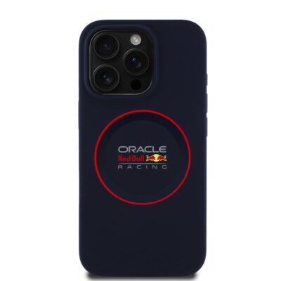 Tamsiai melynas Apple iPhone 15 Pro Max deklo dizainas su Red Bull silikoniniu raudonu ziedu ir Oracle Racing logo