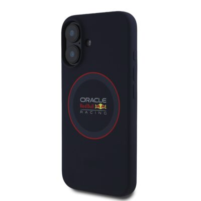 Tamsiai melynas deklas Apple Iphone 16 su Red Bull silikoniniu raudonu ziedu ir Oracle Red Bull Racing logo