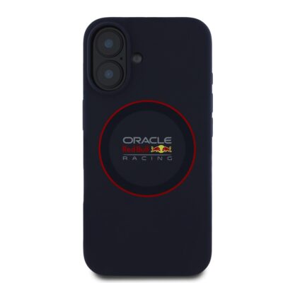 Tamsiai mėlynas dėklas Apple Iphone 16 su Red Bull Silicone Red Ring MagSafe logotipu