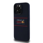 Tamsiai melynas silikoninis dezutis Apple Iphone 16 Pro Max su Red Bull silikoniniu horizontalios vardo logotipu ir MagSafe funkcija