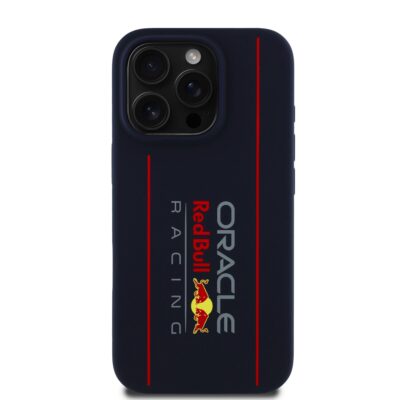 Tamsiai melynas deklas Apple Iphone 15 Pro Max Red Bull silikoninis su vertikaliu logotipu