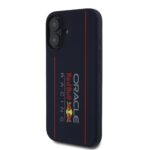 Tamsiai mėlynas Apple iPhone 16 dėklas su Red Bull logotipu ir silikono tekstūra