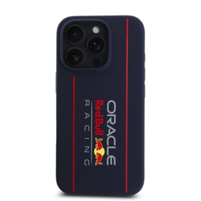 Tamsiai melynas silikoninis Apple iPhone 16 Pro Max deklas su Red Bull vertikaliu logotipu ir MagSafe