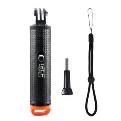 Juoda lazda TECH-PROTECT GA100 FLOAT HAND GRIP GOPRO DJI su tekstūruotu paviršiumi ir oranžiniu apačios elementu