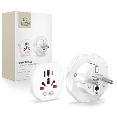 Baltas universalus adapteris TECH-PROTECT UNIVERSAL TRAVEL ADAPTER FROM EU su skirtingais elektros lizdais