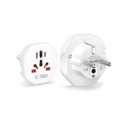 Baltas universalus adapteris TECH-PROTECT UNIVERSAL TRAVEL ADAPTER FROM EU rodomas iš dviejų pusių