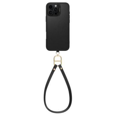 Juodas dėklas Apple Iphone 16 Pro Max Spigen Cyrill Kajuk Classic Charm Magsafe su odiniu dirželiu ir aukso detalėmis