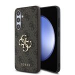 Rudas originalus dėklas Guess PU 4G Metal Logo telefonui Samsung Galaxy S24 FE su metaliniu logotipu