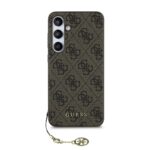 Rudas originalus dėklas Guess 4G Charms telefonui Samsung Galaxy S24 FE su raštu ir auksiniu pakabuku