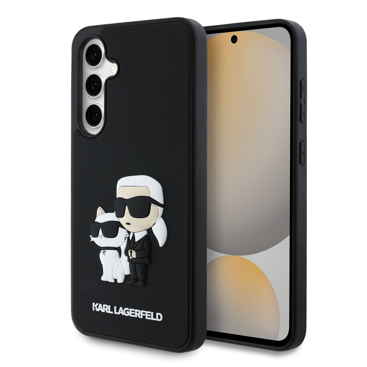 Juodas originalus dėklas Karl Lagerfeld Samsung Galaxy S24 FE Juodas originalus dėklas Karl Lagerfeld 3D Rubber Karl and Choupette telefonui Samsung Galaxy S24 FE su iškiliais Karl ir Choupette simboliais