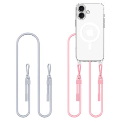 Pilkas-rožinis dėklas Apple Iphone 16 Tech-Protect Flexair Chain Magsafe su dviem laisvai kabančiomis virvutėmis