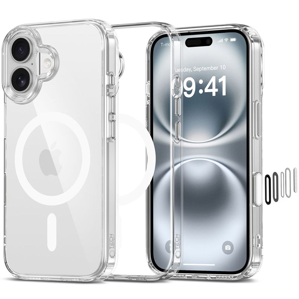 Skaidrus dėklas Apple Iphone 16 Tech-Protect FlexAir Hybrid CC Magsafe Skaidrus dėklas Apple Iphone 16 Tech-Protect FlexAir Hybrid CC Magsafe matomas iš priekio ir nugarėlės su metaliniu žiedu