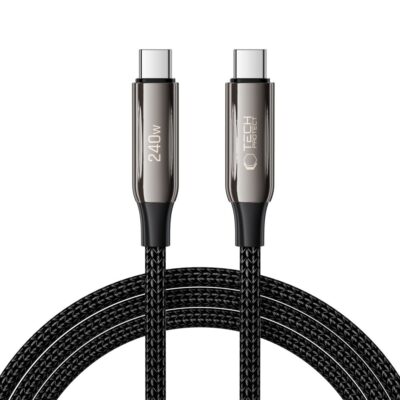 Juodas kabelis TECH-PROTECT UB10T ULTRABOOST TYPE-C CABLE PD240W QC4.0 su metaliniais USB-C kištukais ir pynimo apvalkalu
